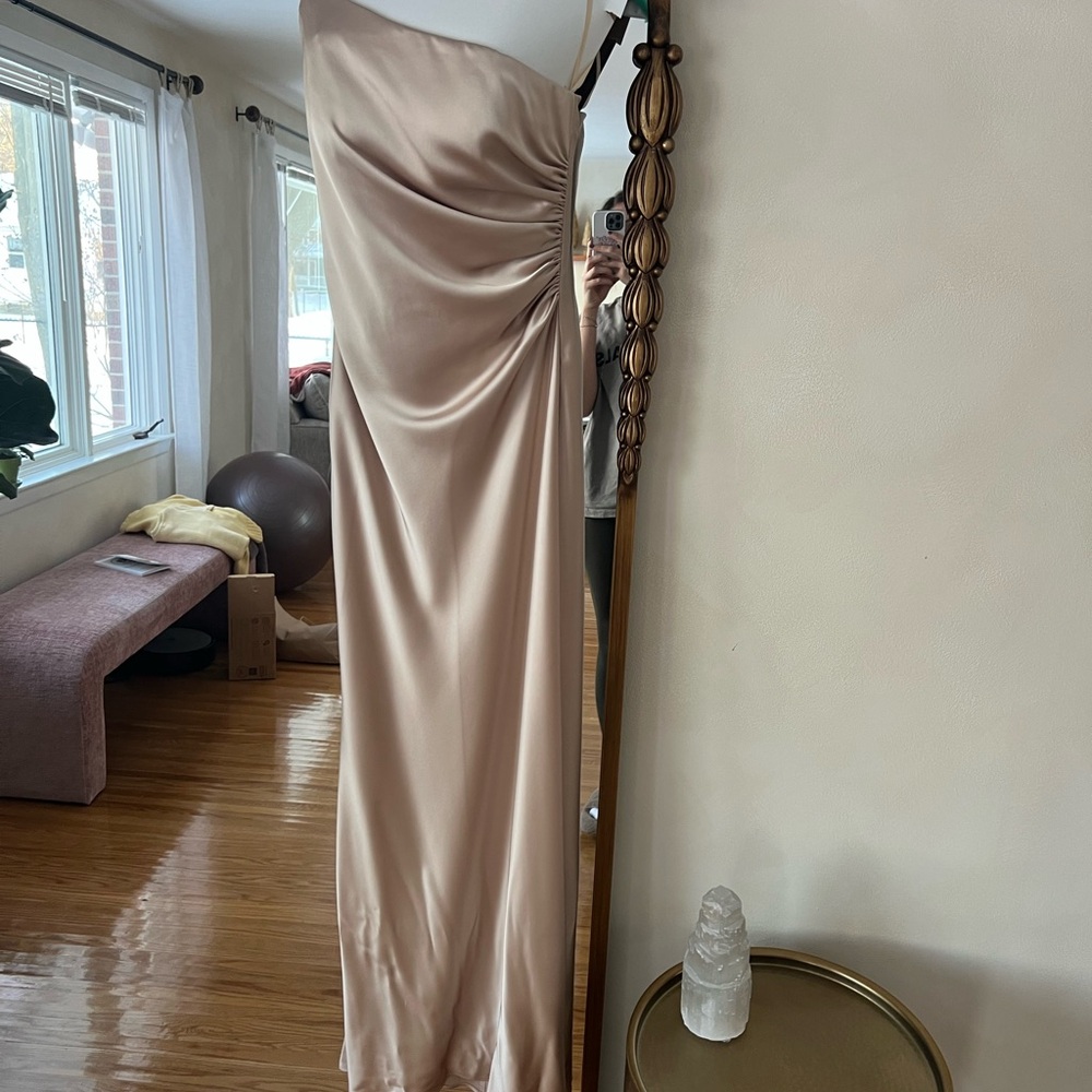 Revelry Jade Satin dress in “Champagne Gold”